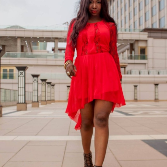 NEW ASOS Lace Insert Skater Dress With High Low Hem - Red / UK 10 US 6 - Picture 11 of 17